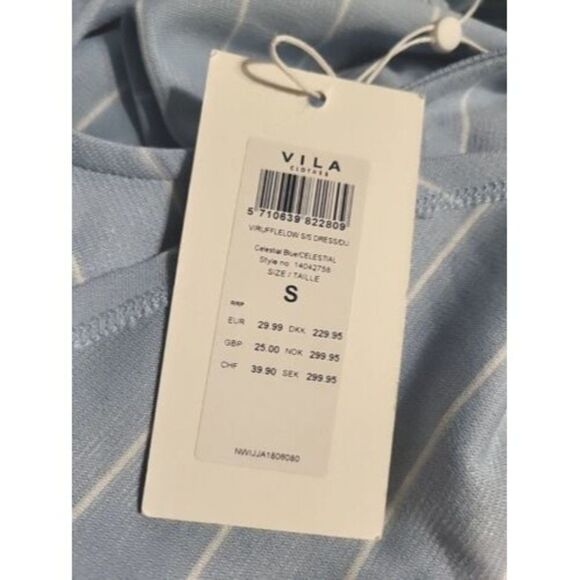 Vila Celestial Blue Ruffled Striped Knee Length Dress Size S New - Picture 7 of 11